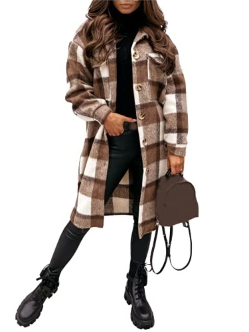 Wool Blend Plaid Shacket Oversized Boyfriend Lapel Button Down Long Sleeve